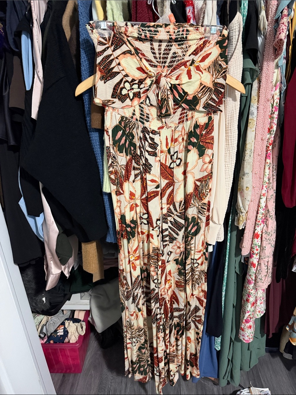 Strapless Floral Maxi Dress - Cream & Red